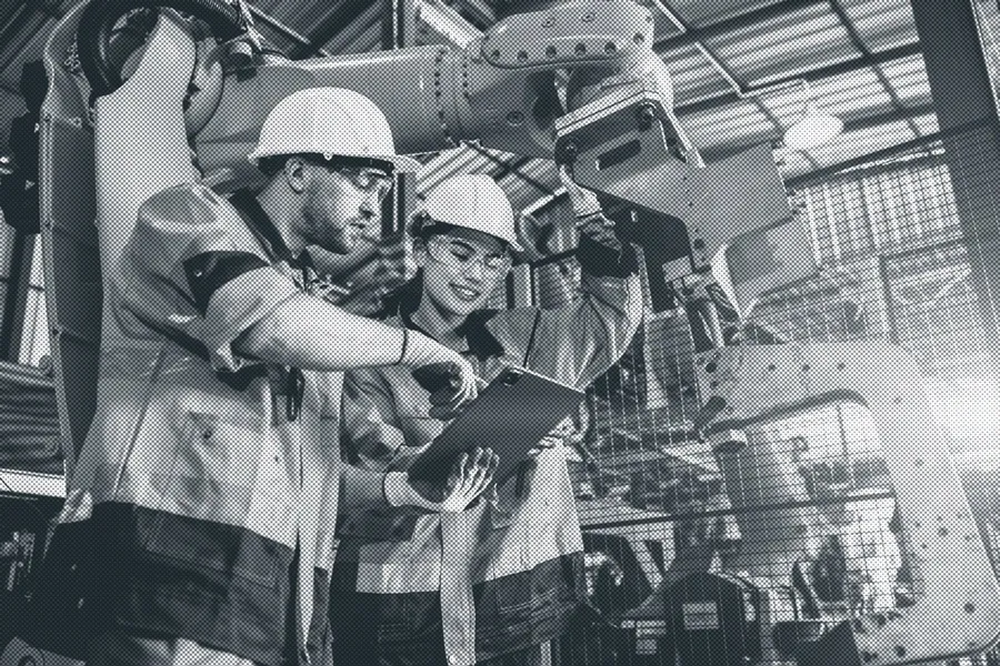 Two engineers in hard hats reviewing a tablet beside an industrial robot
