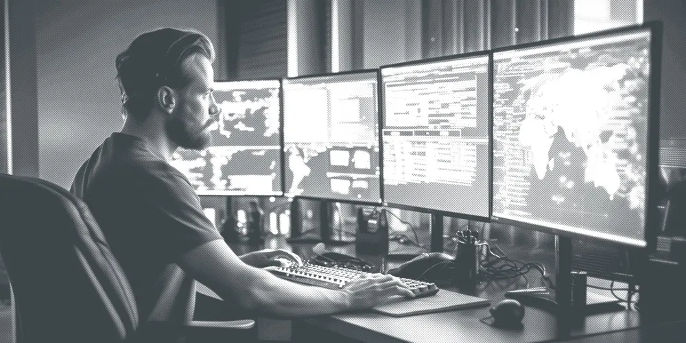 Engineer at a bank of monitors